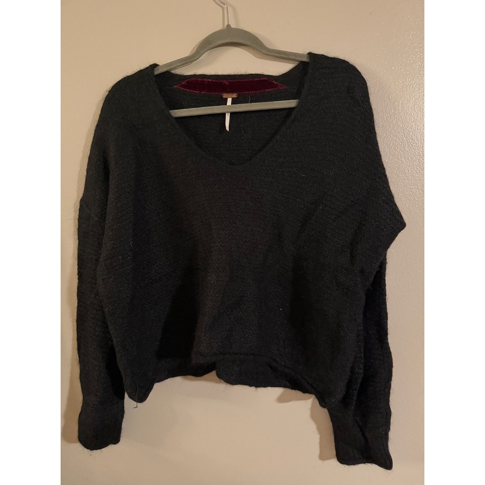 Free People Womens V-Neck Oversized Fuzzy Knit Sweater Charcoal Black M
